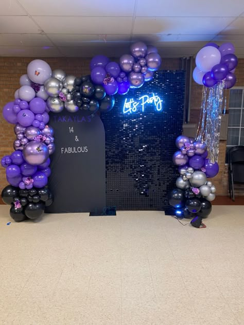 Wednesday Backdrop Ideas, Black Purple Silver Party, Purple And Black Balloon Arch, Wednesday Backdrop, Purple Dinner Party Decor, Kuromi Birthday Party Decorations, Black And Purple Birthday Decor, Addams Family Theme Party, Diy Resin Phone Case