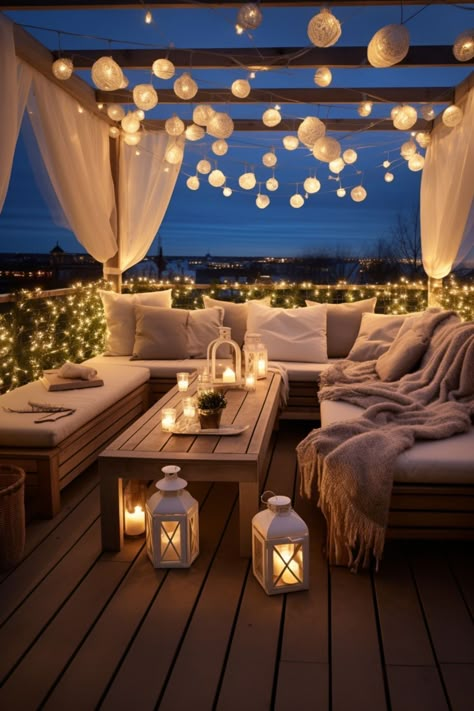 christmas decor ideas terrace decor small balcony ideas  balcony decor ideas outdoor balcony ideas christmas decor ideas christmas fireplace decor ideas  diy christmas tree ideas home inspo home decor ideas home aesthetic Outdoor Cosy Area, Outdoor Lights For Balcony, Canopy Balcony Ideas, Terrace Design Balcony Outdoor, Cozy Terrace Ideas, Small Outdoor Balcony Ideas, Terrace Lighting Ideas, Small Terrace Ideas, Balcony Seating Ideas