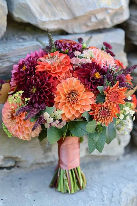 Fall Blue Bouquet, Whimsical Garden Wedding Bouquet, Dalia Bouquet Wedding Fall, Colourful Fall Wedding, Thanksgiving Bouquet Fall Flowers, Colorful Fall Flowers, Wedding Fall Bouquets, Orange And Purple Wedding Flowers, Wedding Bouquets Bride Fall