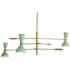 Adjustable Three-Arm Chandelier Brass Patinated Sage Green New Staggered Design Lindsay Adelman, Sage Green Shades, Three Arm Chandelier, Chandelier Brass, Ambiance Lighting, Metal Lamp Shade, Italian Mid Century Modern, Arm Chandelier, Chandelier Pendant