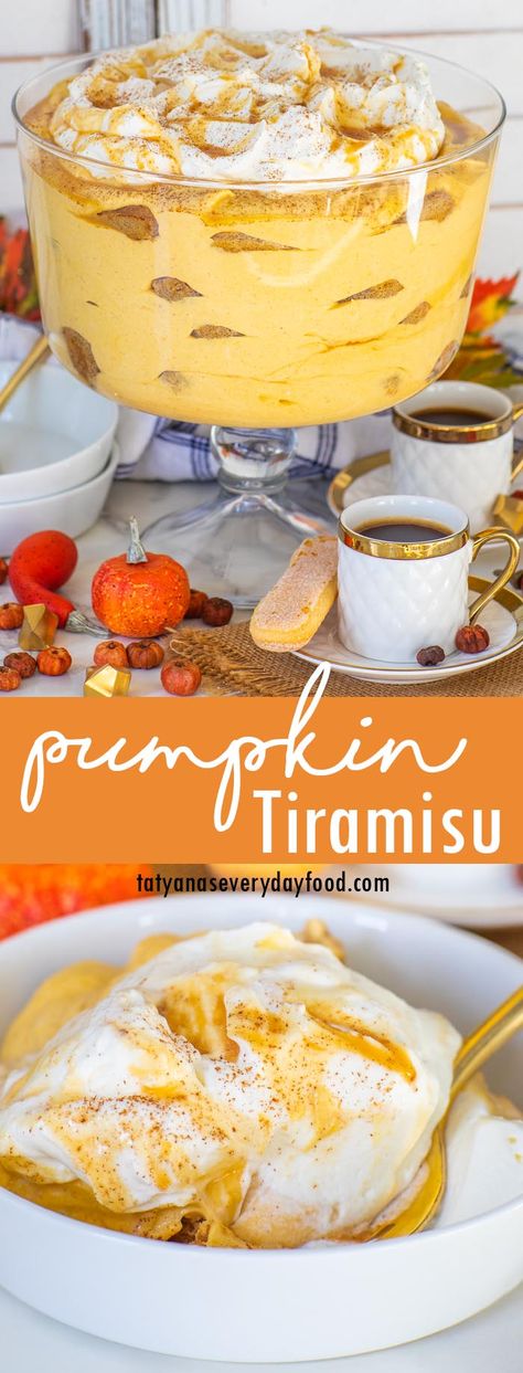 Pumpkin Tiramisu Recipe (video) - Tatyanas Everyday Food Tiramisu Video, Pumpkin Tiramisu, Best Tiramisu Recipe, European Cakes, Pumpkin Filling, Mousse Cups, Tiramisu Cheesecake, Bacon Cauliflower, Pumpkin Custard