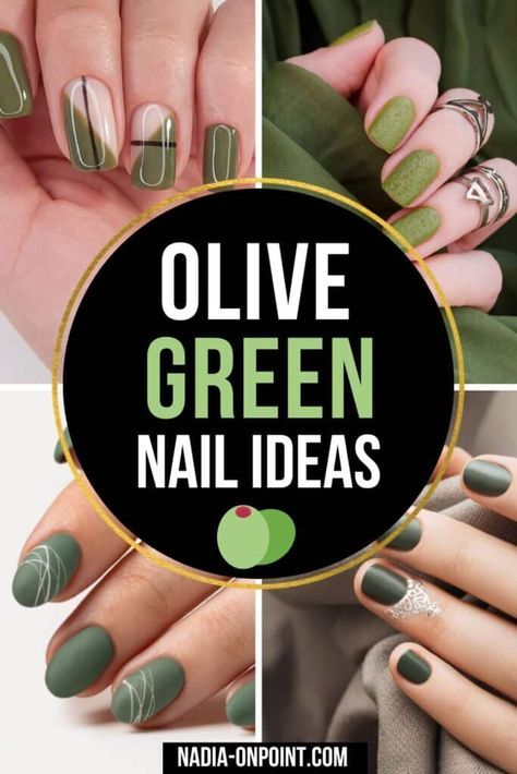 Olive Green Glitter Nails, Pink And Green Fall Nails, Black And Olive Green Nails, Olive Green Toe Nails, Green And Nude Nail Designs, Olive Green Nails Coffin, Olive Color Nails, Olive Green Gel Nails, Army Green Nails With Design