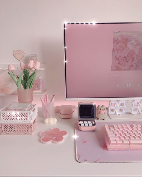 gamer girl gamer pink gaming pastel Nintendo animal crossing pink gaming set up Pinterest inspiration Amazon storefront pc set up cute sanrio hello kitty my melody bedroom pink room key board key caps pink desk pink desk set up pc gamer gaming inspo pink vibes details room details diaries vlog cherry blossom art journal asmr food asmr shopping unboxing open a parcel with me Starbucks Sakura 2023 zaful my melody kuromi Pink Theme Desk, Gamer Desk Accessories, Cute Aesthetic Desk Setup, Cute Desk Ideas Pink, Cute Desk Items, Kawaii Office Decor, Pink Work Desk, Cute Desk Ideas, Kawaii Desk Setup