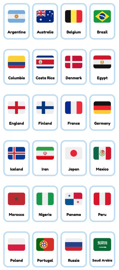 Printable World Cup 2018 country flag flashcards for ESL / English teaching. Free and printable! Different Countries Flags, World Flags With Names Printable, Flag Printables Free, All Countries Flag With Name, Flags Of The World Printable Free, Country Flags Of The World Printable, French Flashcards Printable Free, World Flags Printable, National Flags Of The World