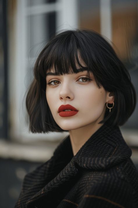 So, what exactly is a short French bob? It's a cool, uncomplicated style where your hair is cut blunt just around the jawline, USUALLY paired often with Short Bob With A Fringe, Bob Hairstyling How To Style, Around Face Haircut, Styling A Bob With Bangs, Bangs And Bob Haircut, Short Bob No Bangs, Classic French Bob, French Bob Dark Hair, Black Haircut