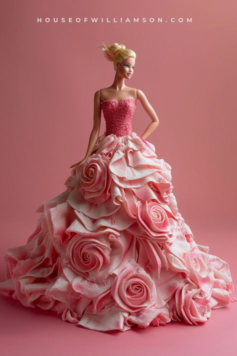 Looking for a beautiful idea for your next cake? Check out this Barbie-themed masterpiece! It's full of pretty pink colors and has an edible gown made from pink buttercream. Perfect for making your Barbie theme party extra pretty! Barbie Dress Birthday Cake, Barbie Cake Dress, Elegant Barbie Cake, Barbie Birthday Cake Ideas, Flash Cake, Barbie Doll Cake Design Simple, Barbie Dress Cake, Barbie Doll Birthday Cake, Barbie Doll Bundt Cake