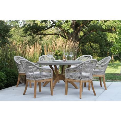 Caelan 7 Piece Teak Dining Set with Cushions | Birch Lane Round Patio Table, Round Dining Set, 7 Piece Dining Set, Patio Dining Chairs, Outdoor Dining Furniture, Patio Dining Set, Dining Arm Chair, Outdoor Dining Set, Patio Table