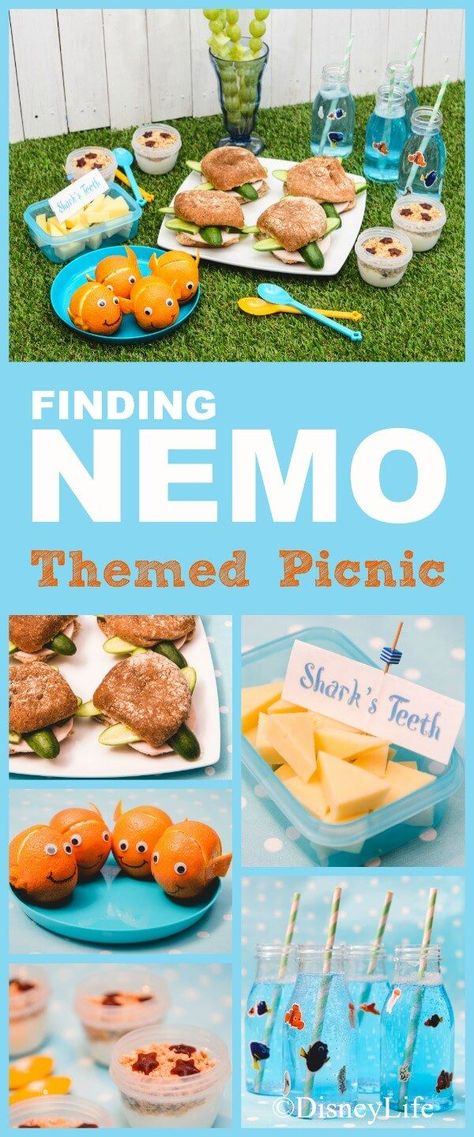 Finding Nemo themed picnic recipes with 6 fun food ideas for kids - perfect for beach or Nemo party food ideas too Nemo Birthday Food Ideas, Nemo Snack Ideas, Finding Nemo Dinner Ideas, Finding Nemo Party Food Ideas, Finding Nemo Themed Dinner, Finding Nemo Party Snacks, Nemo Dinner And A Movie, Finding Dory Food Ideas, Finding Nemo Movie Night Food