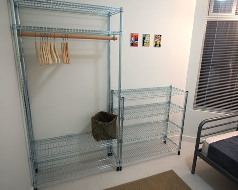 #IkeaHack #OMAR shelving unit becomes wardrobe for hanging clothes. Open Clothing Storage, Omar Shelves, Omar Closet, Ikea Omar Hack, Shelving Units Bedroom, Bedroom Clothing Storage, Ikea Omar, Clothing Shelf, Shelving Unit Bedroom