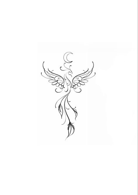 Phoenix With Moon Tattoo, Phoenix Unalome Tattoo, Phoenix Tattoo Feminine Ribs, Phoenix And Moon Tattoo, Scorpio Phoenix Tattoo, Phonex Tattoo Woman, Phoenix Line Tattoo, Phoenix Tattoo Feminine Small For Women, Phoenix Tattoo Leg