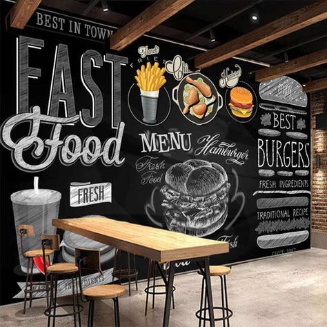 Modern Burgers Restaurant Wall Paper 3D Blackboard Hand painted Western Fast Food Catering Background Wall Mural Wallpaper 3D|Wallpapers| - AliExpress Fast Food Restaurant Design, Wallpaper Restaurant, Wallpaper Cafe, Restaurant Wallpaper, Chalkboard Walls, Gerobak Dorong, Food Logos, Hamburger Restaurant, Small Restaurant Design