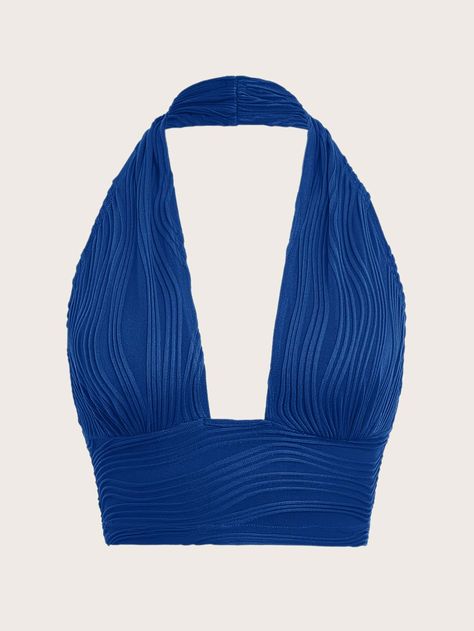 Royal Blue Sexy Collar  Knitted Fabric Plain Halter Embellished Slight Stretch Summer Women Tops, Blouses & Tee Black Romper Shorts, Backless Halter Top, Mode Hippie, Plus Size Mini Dresses, Shein Icon, Midi Dress Plus Size, Plus Size Romper, Scarf Dress, Plus Size Jumpsuit