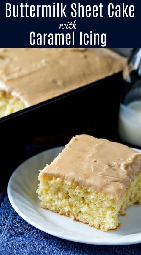 Buttermilk Sheet Cake with caramel Icing makes an easy southern potluck dessert #cake #southern #caramel #sheetcake Buttermilk Caramel Cake, Sheet Pan Caramel Cake, Salted Caramel Sheet Cake, Buttermilk Cake With Caramel Icing, Caramel Sheet Cake Recipe, Buttermilk Sheet Cake, Caramel Sheet Cake, Southern Potluck, Easy Sheet Cakes