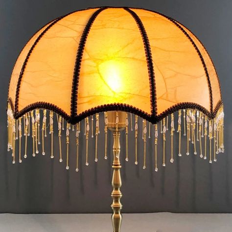 Gold Beaded Lampshades $51.4 bit.ly/3hCYQMU Lamp Shade Bedroom, Fringe Umbrella, Umbrella Lamp, Fringe Lamp, Fabric Floor Lamp, Retro Lampshade, Tulip Lamp, Stained Glass Lamp Shades, Beaded Lampshade