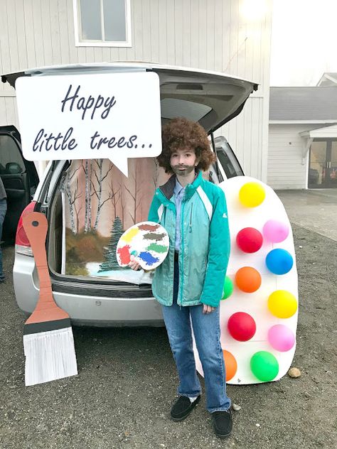 From WhiMSy love: DIY Bob Ross Trunk-or-Treat Treat Ideas For Halloween, Halloween Car Decorations, Trunker Treat Ideas, Bob Ross Art, Church Halloween, Trunk Or Treat Ideas, Office Halloween, Hallowen Ideas, Balloon Painting