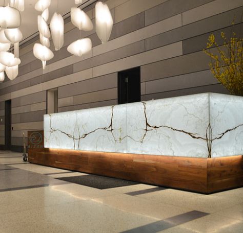 Modern translucent marble hotel reception desk with led lighting Glass Reception Desk, Black Reception Desk, Marble Reception Desk, Textile Showroom, Reception Desk Lighting, Luxury Reception Desks, Stone Reception Desk, Reception Desk Office Furniture, Industrial Reception