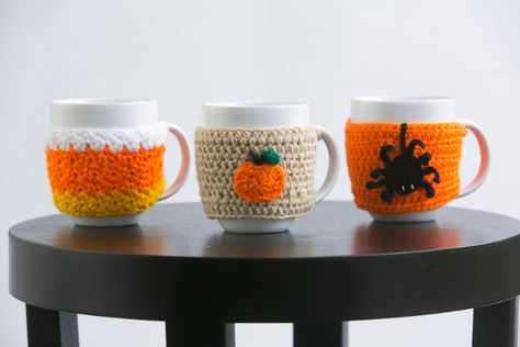 Crochet Halloween Decorations, List Of Favorites, Double Ended Crochet, Throwing A Party, Crochet Coffee Cozy, Pumpkin Applique, Yarn Organization, Crochet Cup Cozy, Cozy Crochet Patterns