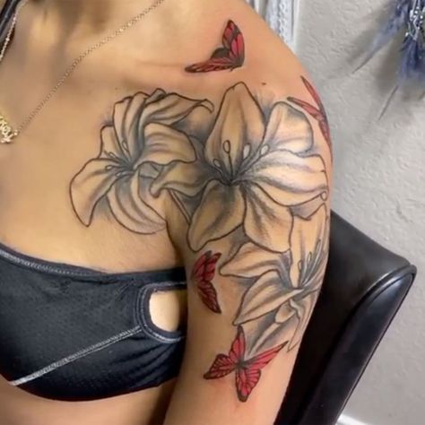 Women Clavicle Tattoo, Upper Arm Tattoos For Women Color, Chest To Shoulder Tattoo, Wrap Around Forearm Tattoo Women Sleeve, Flower Tattoo Chest For Women, Shoulder Tattoos For Women With Color, Shoulder Pieces For Women Tattoo, Flowers On Shoulder, Sholder Tattoo Girl