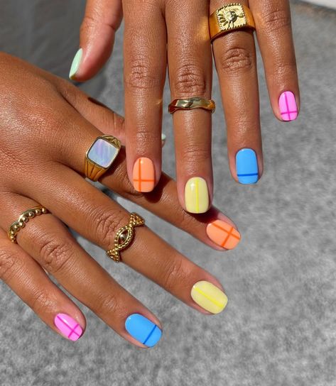 Colourful Tips Nails, Colourful Nails For Summer, Block Colour Nails, Nails With Line Art, Colourful Gel Nails, Colourful Nails Designs, Nails With Line Designs, Colour Block Nails, Colourful Summer Nails