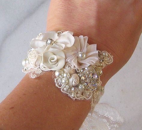 Bridal Cuff, Prom Flowers, Lace Jewelry, Corsage Wedding, Wrist Corsage, Fabric Cuff, Bridal Bracelet, Wedding Bracelet, Vintage Lace