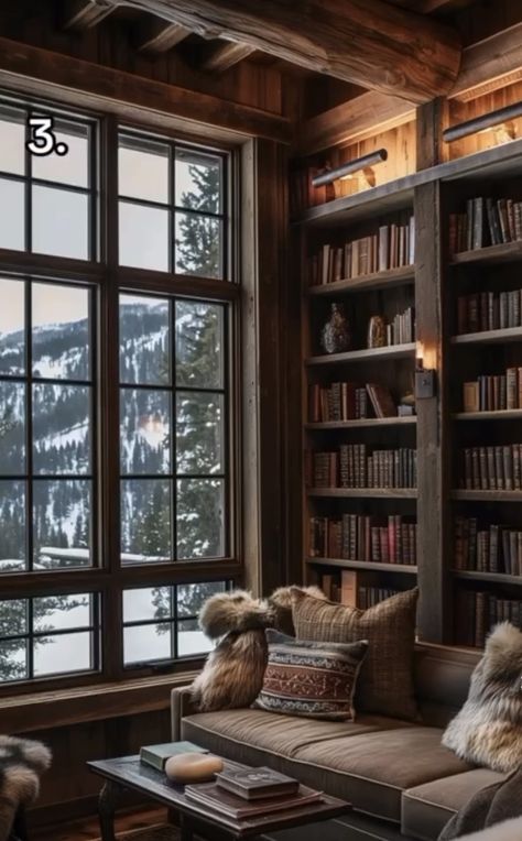 Cabin Bookshelves, Cabin Library, Play Aesthetic, Lodge Aesthetic, Winter Lodge, Library Room, Cabin Interiors, Home Libraries, Cabin Fever