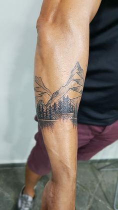 Mountain Range Forearm Tattoo, Mountain And Sea Tattoo Sleeve, Mountains Tattoo Men, Mountain Calf Tattoo, Moutain Tattoos Men, Mountain Running Tattoo, Small Calf Tattoo Men, Running Tattoo Ideas For Men, Mens Calf Tattoo