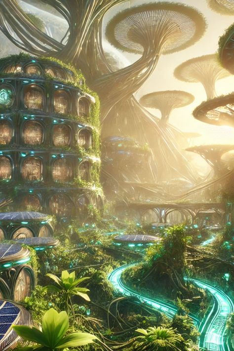 Discover a stunning solarpunk utopia set in a lush, exo-planetary jungle, where futuristic architecture meets sustainable living. Downloads Available @ https://slaacr.com Solarpunk Room, Solarpunk Design, Futuristic Cottagecore, Solarpunk Outfit, Solarpunk Character, Solarpunk Architecture, Utopia Aesthetic, Eco Futurism, Solarpunk City