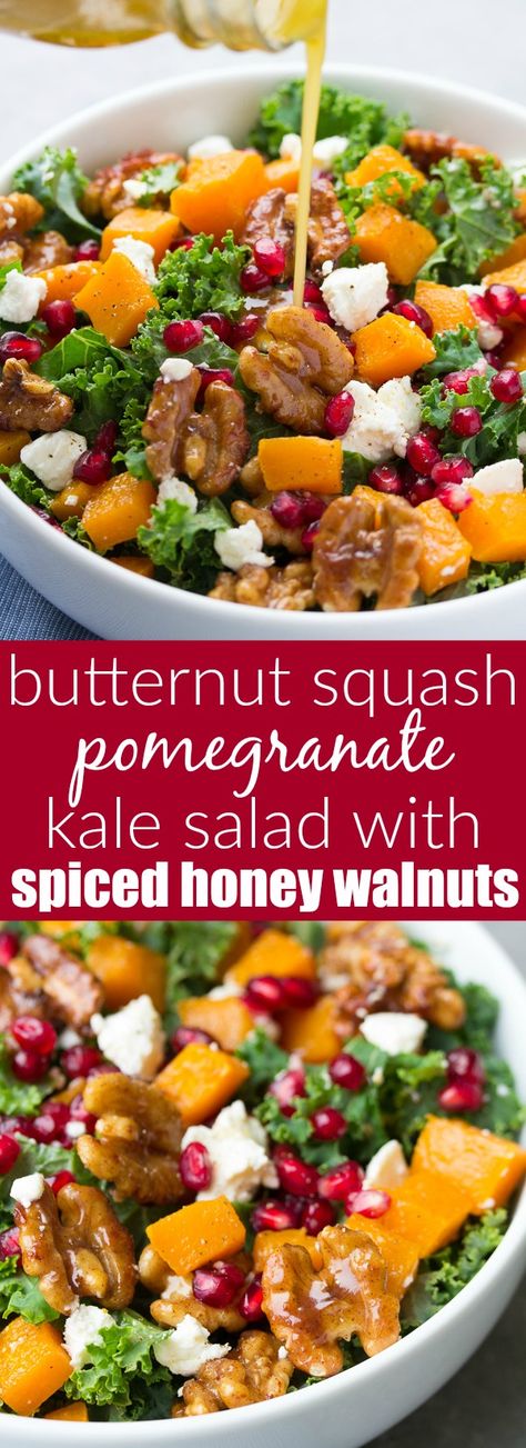 Our FAVORITE kale salad! Butternut squash and pomegranate kale salad with spiced honey walnuts and a maple dressing. SO YUMMY for lunch or your holiday dinner! | www.kristineskitchenblog.com Pomegranate Kale Salad, Salad With Roasted Butternut Squash, Kale Butternut Squash, Salad Recipes Holidays, Honey Walnuts, Maple Dressing, Massaged Kale Salad, Spiced Honey, Butternut Squash Salad