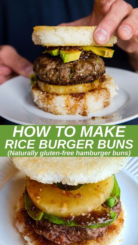 Rice Buns, Beautiful Bun Hairstyles, Gluten Free Hamburger Buns, Rice Burger, Sushi Burger, Bean Burgers, Sushi Sandwich, Mood Food, Gluten Free Rice