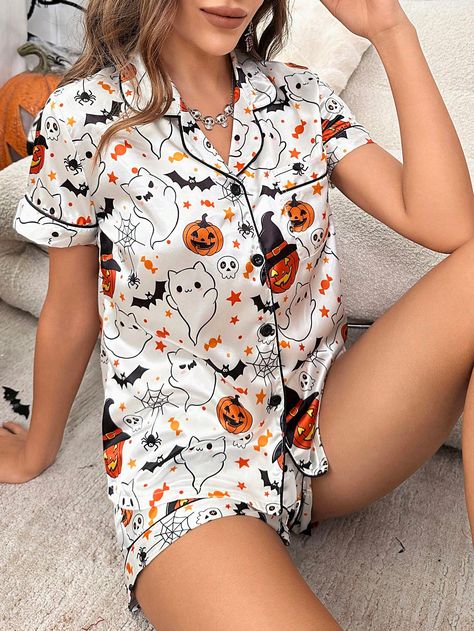 Halloween Print Contrast Piping PJ SetI discovered amazing products on SHEIN.com, come check them out! Hoodie Footie, Black Sleepwear, Halloween Pjs, Bride Lingerie, Satin Set, Red Plaid Flannel, Onesie Pajamas, Plaid Pajamas, Ghost Pumpkin