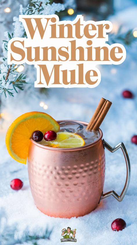 "Brighten your winter days with this delightful Winter Sunshine Mule  Cocktail recipe! This cozy drink combines zesty citrus flavors with  refreshing ginger beer for the perfect Winter Mule with Orange. Enjoy  the festive vibes of our Citrus Winter Mule Recipe featuring vodka and  a splash of sunshine. Ideal for holiday gatherings, this Ginger Beer  Winter Mule is a must-try. Sip on the Orange Ginger Mule Cocktail and  embrace the warmth of the season with this Festive Winter Mule Recipe!" Christmas Moscow Mule Recipe Holiday Cocktails, Moscow Mules For A Crowd, New Years Moscow Mule, Flavored Mules Cocktail Recipes, Holiday Vodka Drinks Winter Cocktails, Moscow Mule Recipe Best, Flavored Moscow Mule Recipe, Moscow Mule Mocktail Recipe, Moscule Mule Recipe