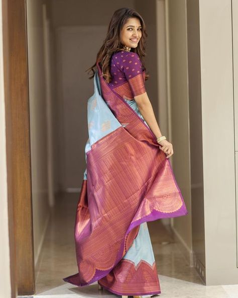 Grand Saree, Vani Bhojan, 1 Minute Saree, Blue Silk Saree, Wedding Saree Collection, Indian Silk Sarees, Saree Shopping, Traditional Attire, Silk Sarees Online