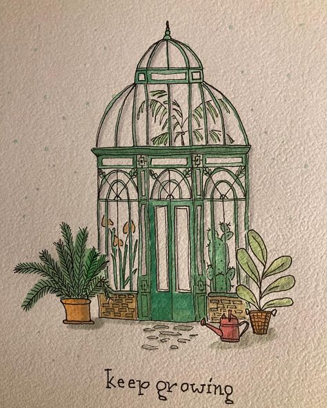 How To Draw A Greenhouse, Green House Sketch, Greenhouse Doodle, Greenhouse Drawing Simple, Green House Tattoo, Green House Drawing, Green House Illustration, Urban Sketching Watercolors, Garden Drawing Simple