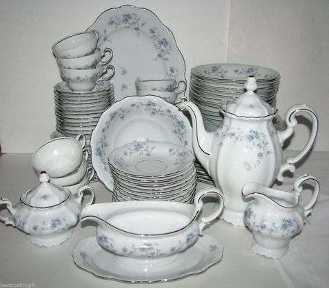 Johann Haviland Blue Garland China Dinnerware Platinum Trim New Small Blue Flowers, Haviland China, Light Blue Kitchens, Non Stick Cookware, Blue Garland, Porcelain Dishes, Bone China Dinnerware, Blue Dinnerware, Blue Glassware