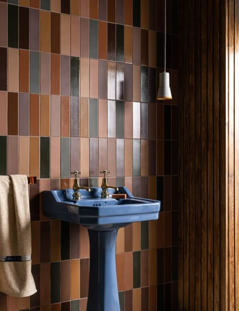 Soho Light Brown Matt Porcelain Tiles | Mandarin Stone Warm Neutral Bathroom Ideas, Brown Tiles Bathroom, Low Light Bathroom, Light Brown Walls, Brown Bathroom Tile, 70’s Kitchen, Stone Wall Interior Design, Moody Powder Room, Brown Tile Bathroom