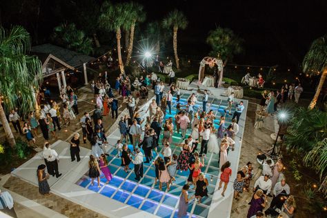 Pool Dance Floor Wedding, Clear Dance Floor Over Pool, Pool Cover Dance Floor Weddings, Clear Pool Cover Dance Floor, Pool Cover For Wedding, Covered Pool Wedding, Dance Floor Over Pool, Pool Dance Floor, Backyard Wedding Pool