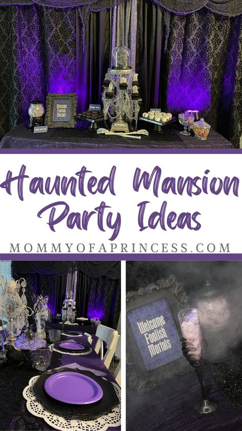 Haunted Mansion Party Ideas + How To Guide Halloween Party Haunted Mansion, Haunted Mansion Game, Haunted Mansion Aesthetic Decor, Haunted Mansion Table Decor, Haunted Mansion Party Games, Haunted Mansion Dinner Party, Haunted Mansion Diy Decorations, Haunted Mansion Themed Food, Haunted Mansion Themed Party