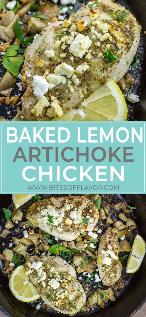 Baked Lemon Artichoke Chicken is perfectly seasoned chicken breast baked with fresh lemon juice, artichoke hearts, and topped with feta cheese in under 30 minutes! Weight Watchers friendly recipe! Delicious dinner perfect for a busy weeknight. Weight Watchers friendly recipe. www.bitesofflavor.com Chicken With Feta Cheese, Recipe Artichoke, Chicken Breast Baked, Lemon Artichoke Chicken, Housewife Recipes, Seasoned Chicken Breast, Lighter Recipes, Healthy Entrees, Marinating Chicken Breast