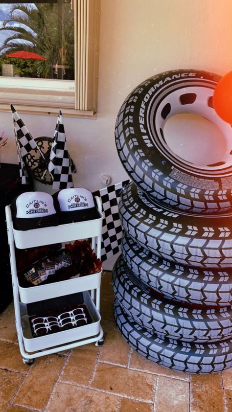 Car Themed 21st Birthday, Dirt Track Racing Party Ideas, Fast Four Birthday Theme, F1 Racing Party Ideas, Race Car Bachelorette Party, Grand Prix Decorations, Racecar Bachelorette Party, Final Lap Bachelorette, Last Lap Bachelorette Theme