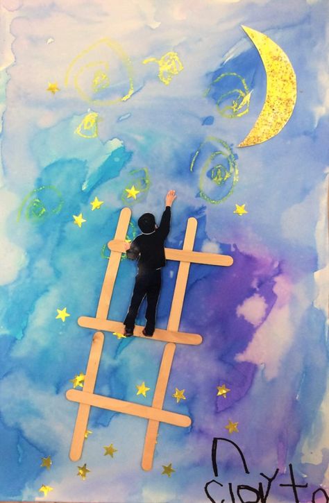 Ladder to the Moon - Leah Newton Art  Great Lesson Plan included for kids in Transitional Kindergarten - 2nd grade Space Drawing Ideas, Ladder To The Moon, Ladder Art, Space Art Projects, Famous Art Pieces, Space Drawing, Kindergarten Art Lessons, Transitional Kindergarten, Space Drawings