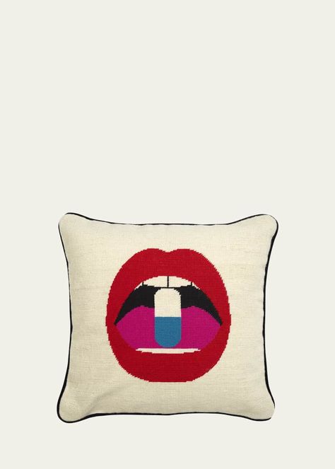 Pillow at Bergdorf Goodman Opulent Interiors, Bold Red Lips, Pillow Styling, Needlepoint Pillows, Lip Service, Jonathan Adler, Instagram Worthy, Wool Pillows, Chicago Cubs Logo