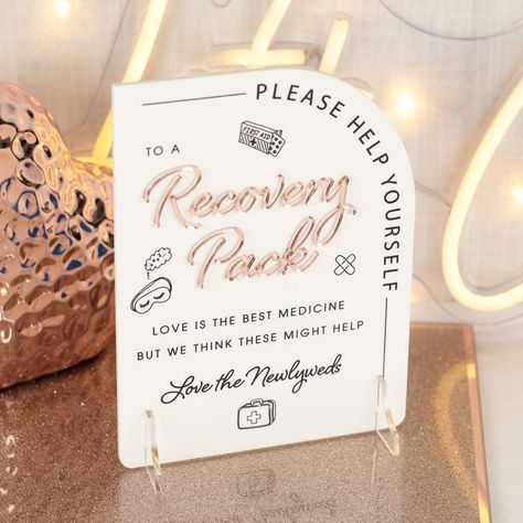 Modern Arch Hangover Recovery Pack Acrylic Sign Modern Arch Wedding, Large Gold Mirror, Wildflower Invitation, Boy Sign, Bottle Of Water, Hangover Kit, Mirrored Acrylic, Party Goodies, Rose Gold Mirror