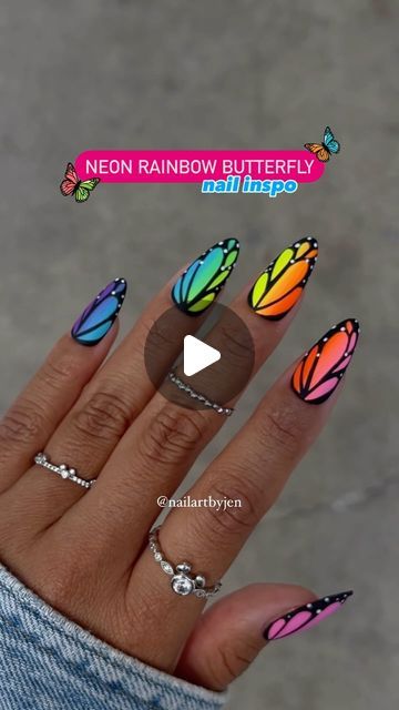 Jeanette Flores on Instagram: "🚨Summer neon nail trend🚨 can’t believe it took me this long to do neon butterfly nails! 🥵🌈💅🏽🦋 idk about you, but I’m loving matte neon colors right now. What do you think? 🩷🧡💛💚💙💜   Save & Share for summer inspo, Follow for the tutorial 🫶🏼  Using the new super bright and pigmented gel colors from @chaunlegendnails  •It’s Giving 🩷 •Restricted Zone 🧡 •Caution Tape 💛  •Astro Turf 💚  •Sea Breeze 💙  •Get A Grape 💜  •Black Diamond 🖤 •Can’t Elope🤍   #summernails #mattenails #easynails #diynails #nailtutorials #nailvideos #easynaildesigns #ombrenails #rainbownails #neonnails #summer2024 #butterflynails #summerinspo #nails #uñastendencia #summerstyle" Blacklight Nails Design, Vintage Nail Art, Neon Butterfly, Caution Tape, Gel Colors, Butterfly Nails, Nail Trend, Vintage Nails, Awesome Nails