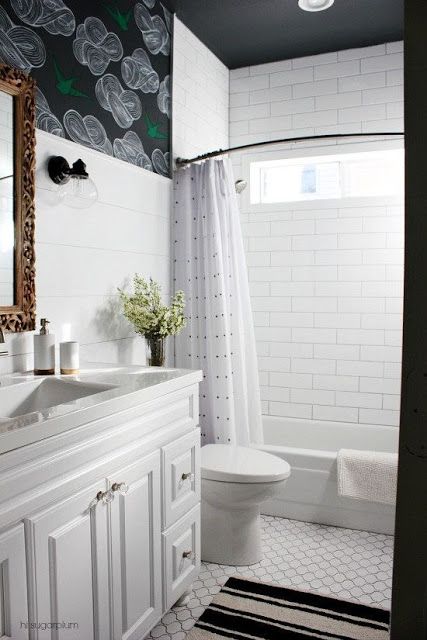 white subway tile, dark wallpaper Dramatic Bathroom, Wallpaper And Tiles, Wallpaper Bathroom, Budget Bathroom Remodel, Bathroom Reno, Bathroom Redo, Budget Bathroom, Pink Bathroom, Makeover Ideas