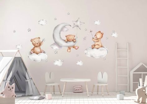 Cute Teddy Bear and Stars Wall Sticker Boys Room Wall Decor | Etsy Baby Room Wall Decals, Baby Room Wall Stickers, Boys Room Wall Decor, Star Wall Decals, Nursery Wall Murals, Moon Nursery, Baby Room Wall, Room Stickers, Nursery Wall Stickers