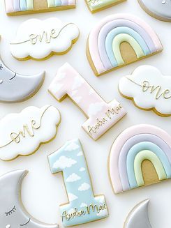 Rainbow Birthday Cookies, Birthday Cookies Decorated, Rainbow Theme Baby Shower, Rainbow Baby Shower Theme, Pastel Rainbow Decor, Pastel Rainbow Birthday, Rainbow Sugar Cookies, Cookies Decorated With Royal Icing, First Birthday Cookies