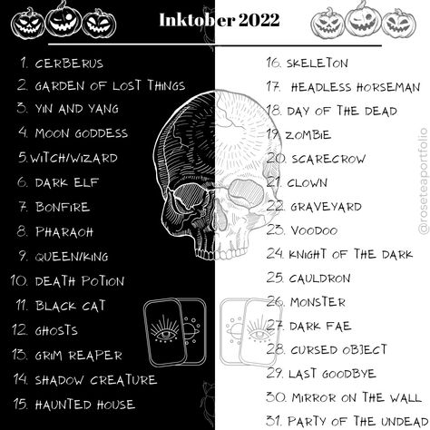 Tattoo Prompts List, Spooky Journal Prompts, Inktober Prompts 2023, Tattoo Design Prompts, Blacktober Prompt, Dark Art Prompts, Ink Tober Prompts 2023, Huevember Prompts, October Drawing Challenge 2023