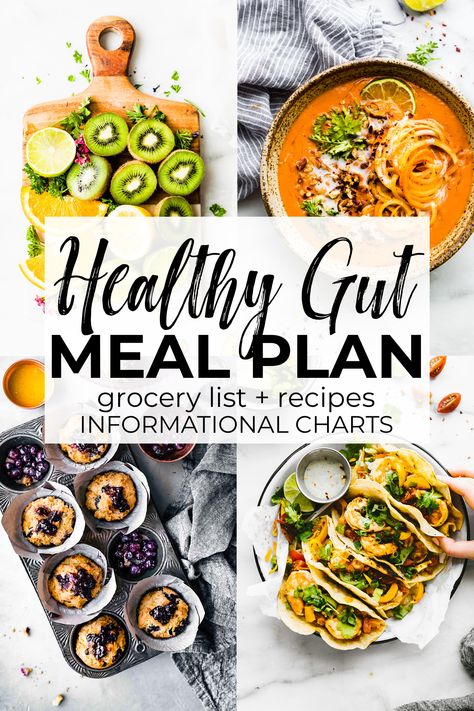 Eating gut healthy foods is an important step in keeping your body nutritionally balanced while providing overall gut health! This gluten free, healthy meal plan will give you ideas of what foods are best for your gut. Low FODMAP foods and recipes included as an option at each meal.  #mealplan #lowfodmap #guthealth #glutenfree #grocerylist Free Healthy Meal Plans, Gut Healthy Foods, Low Fodmap Foods, Healthy Gut Diet, Eat Natural, Healthy Gut Recipes, Fodmap Foods, Healthy Meal Plan, Gut Health Recipes