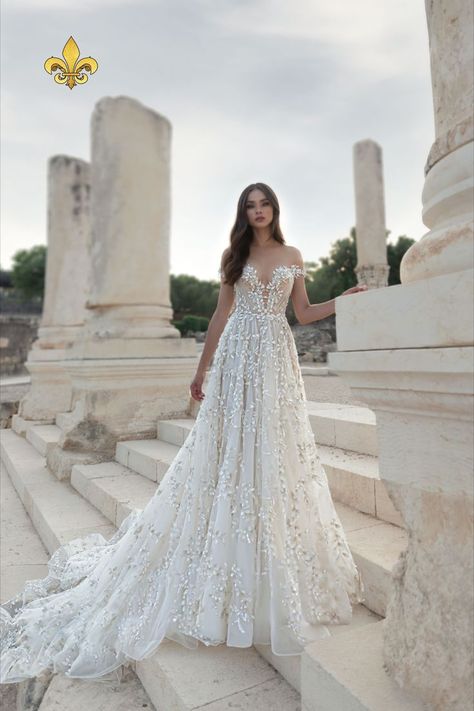 Romantic A-line wedding dress with illusion neckline, cap sleeves, glitter Israeli floral lace, dramatic train, and dramatic sweetheart neckline plunge. Julie Vino Wedding Dress, Wedding Dress 2022, Class Wedding, Utah Wedding Dress, Dress 2022, Bridal Photoshoot, Princess Wedding Dress, Wedding Dresses Photos, Custom Wedding Dress