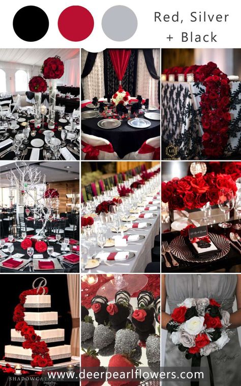 Red And Black Wedding Theme, Black Wedding Theme, Black And Silver Wedding, Black Silver Wedding, Wedding Theme Color Schemes, Black Red Wedding, 50th Birthday Party Decorations, Renewal Wedding, Purple Wedding Theme